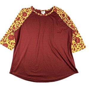 LuLaRoe Shirt Womens 3XL Randy Maroon Yellow Floral Raglan 3/4 Sleeve Top